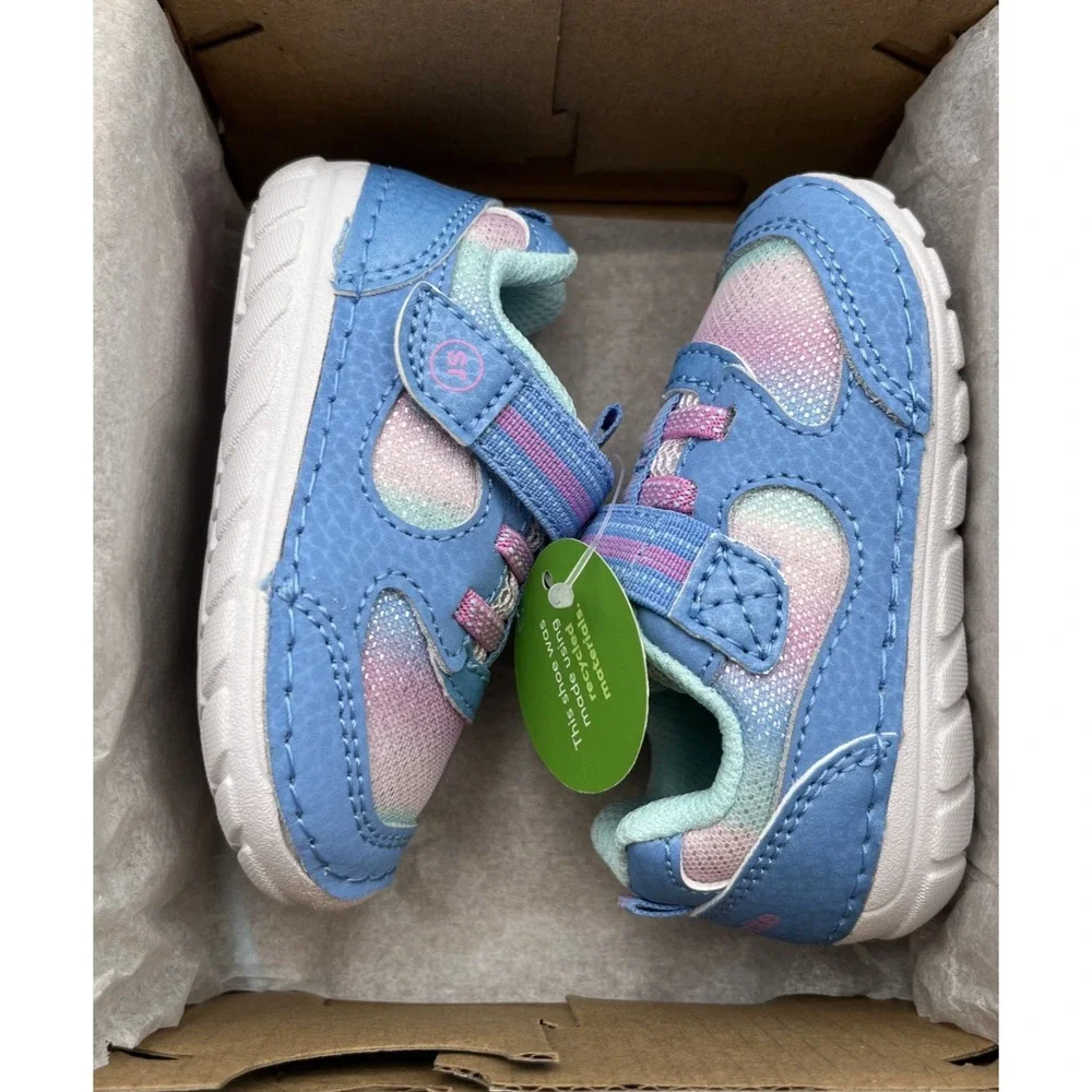 Stride Rite Baby Girls Leather Soft Motion Turbo Sneakers Size 3 Light Blue Pink